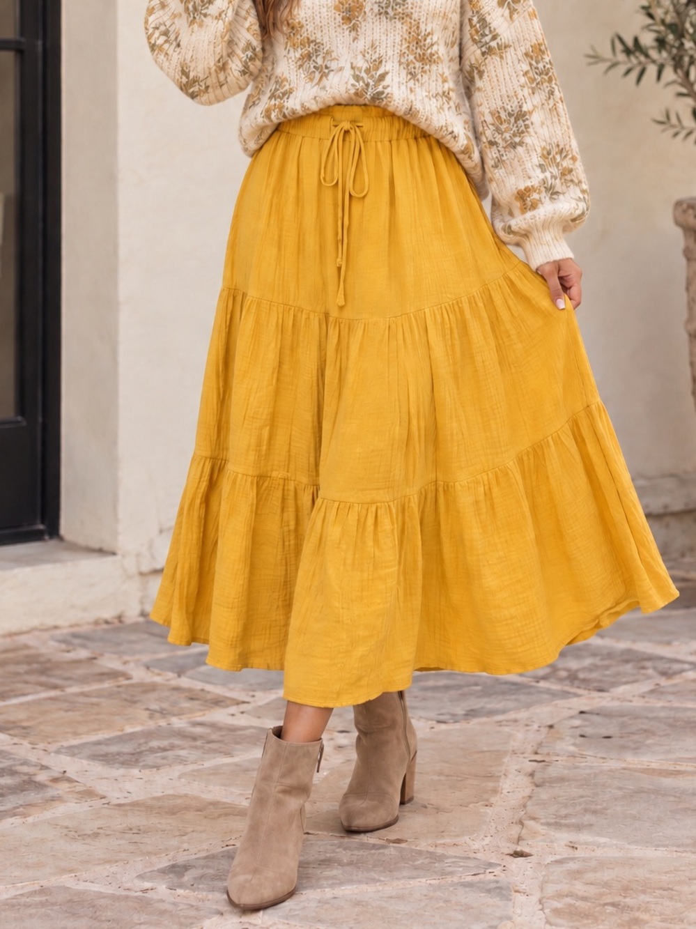 Mustard Tiered Midi Skirt